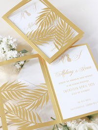 Noche Dorada Con Hojas De Palma Colección De Invitaciones De Destino Tropical Cortadas Con Láser