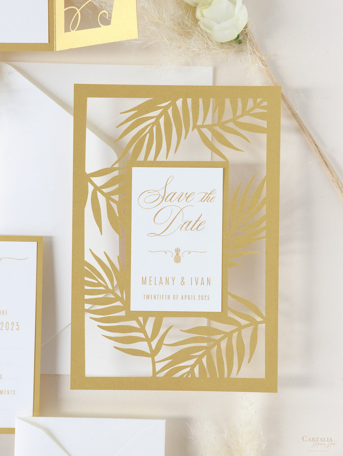 Golden Destination Beach Palm Tree SAVE the Date,  Laser Cut