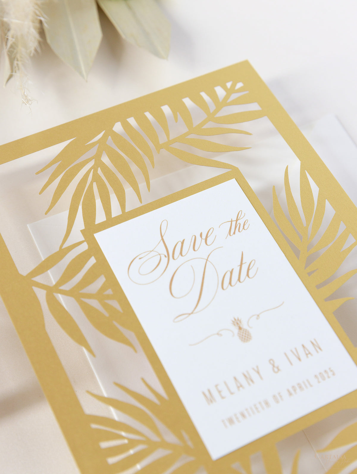 Golden Destination Beach Palm Tree SAVE the Date,  Laser Cut