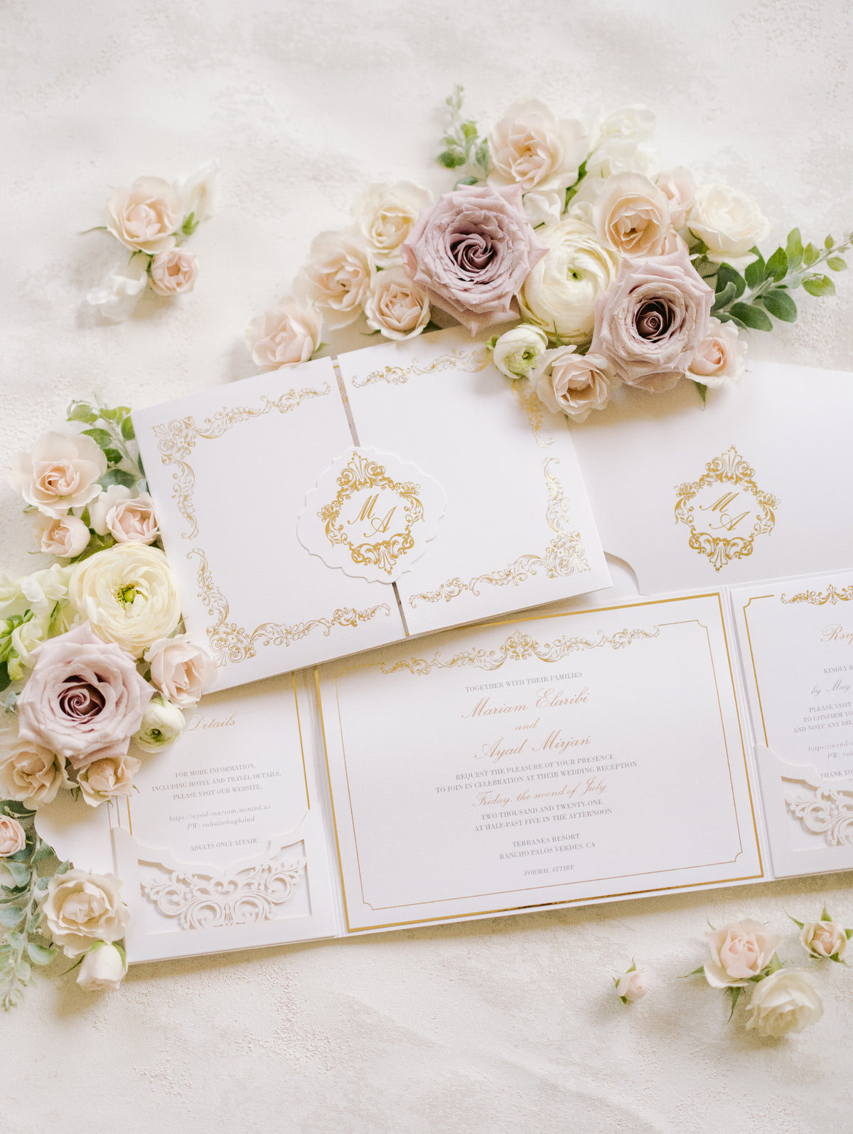 Luxury Gold Foil Invitation pocket fold suite for Wedding Day, RSVP, Info Card with Laser Cut pocket, Calligraphy Script