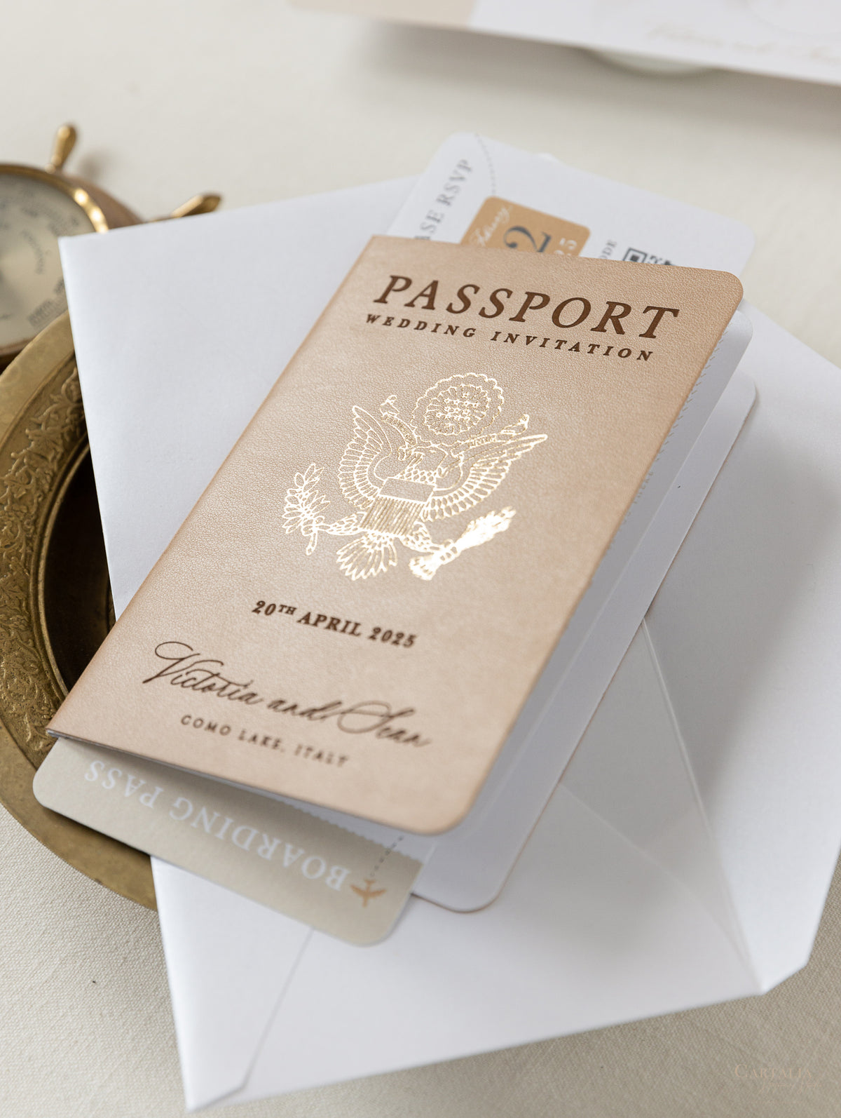 Premium Nude Leather Passport Invitations with Gold Foil & Personal Engraving