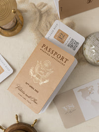 Premium Nude Leather Passport Invitations with Gold Foil & Personal Engraving