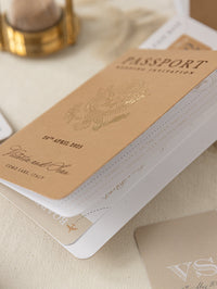 Premium Nude Leather Passport Invitations with Gold Foil & Personal Engraving