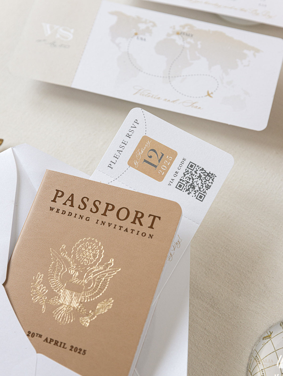 Premium Nude Leather Passport Invitations with Gold Foil & Personal Engraving