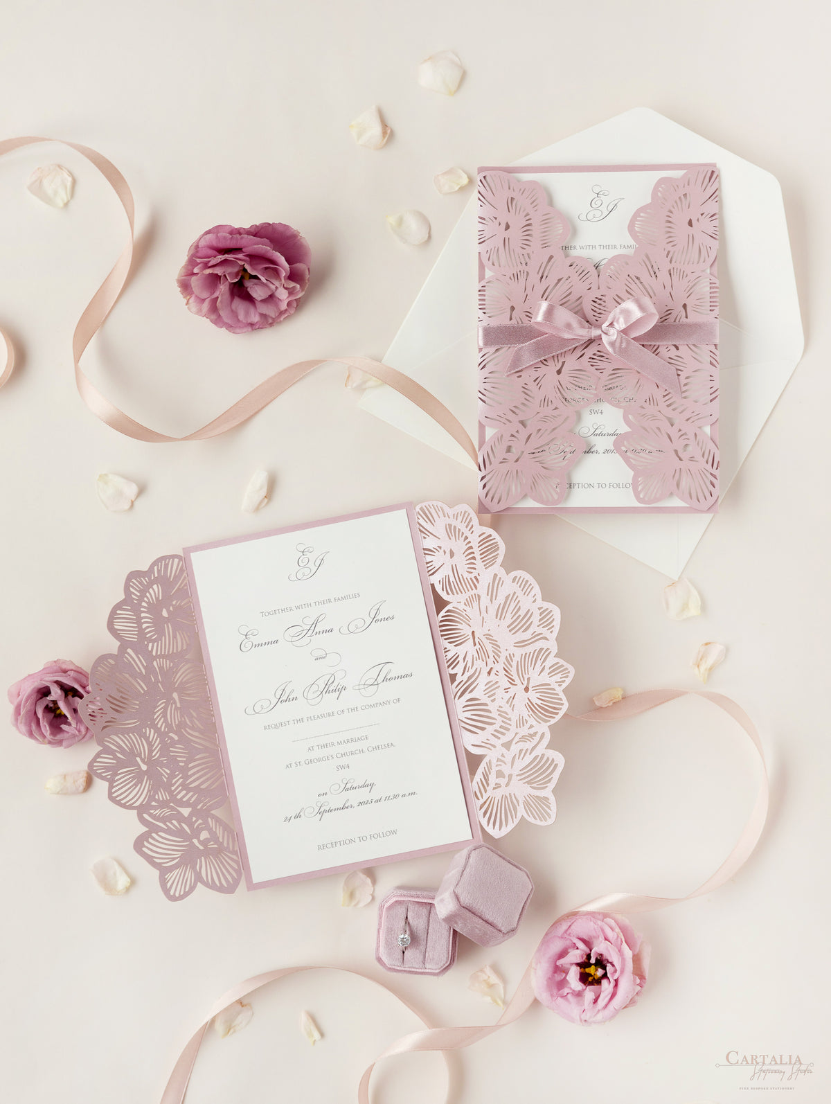 Intricate Orchid with Satin Ribbon Laser Cut Gatefold Wedding Invitation