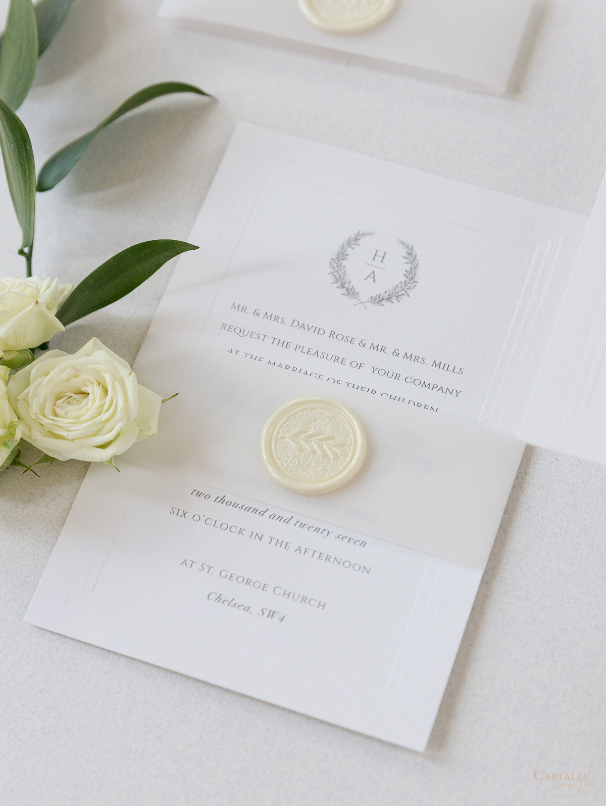 Timeless Triple Embossed Sunk Frame Modern Wedding Evening Invitation with Wax Seal