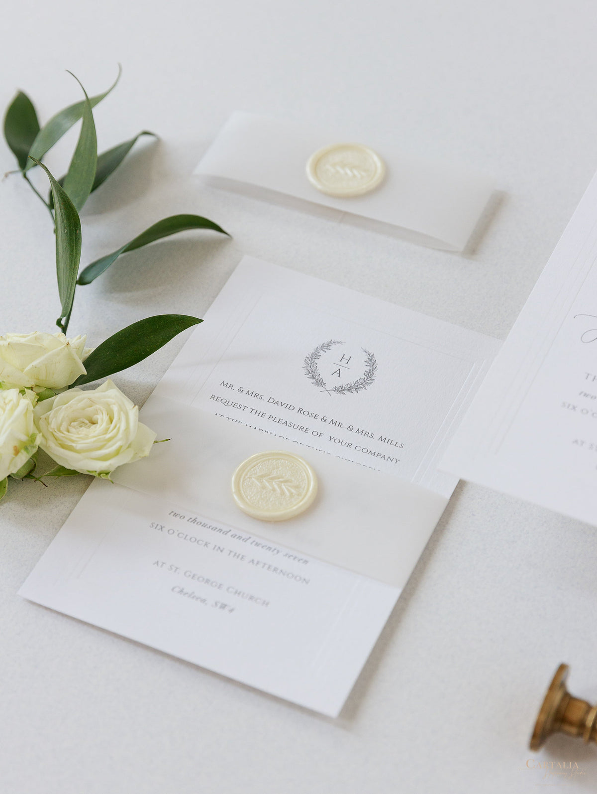 Timeless Triple Embossed Sunk Frame Modern Wedding Evening Invitation with Wax Seal