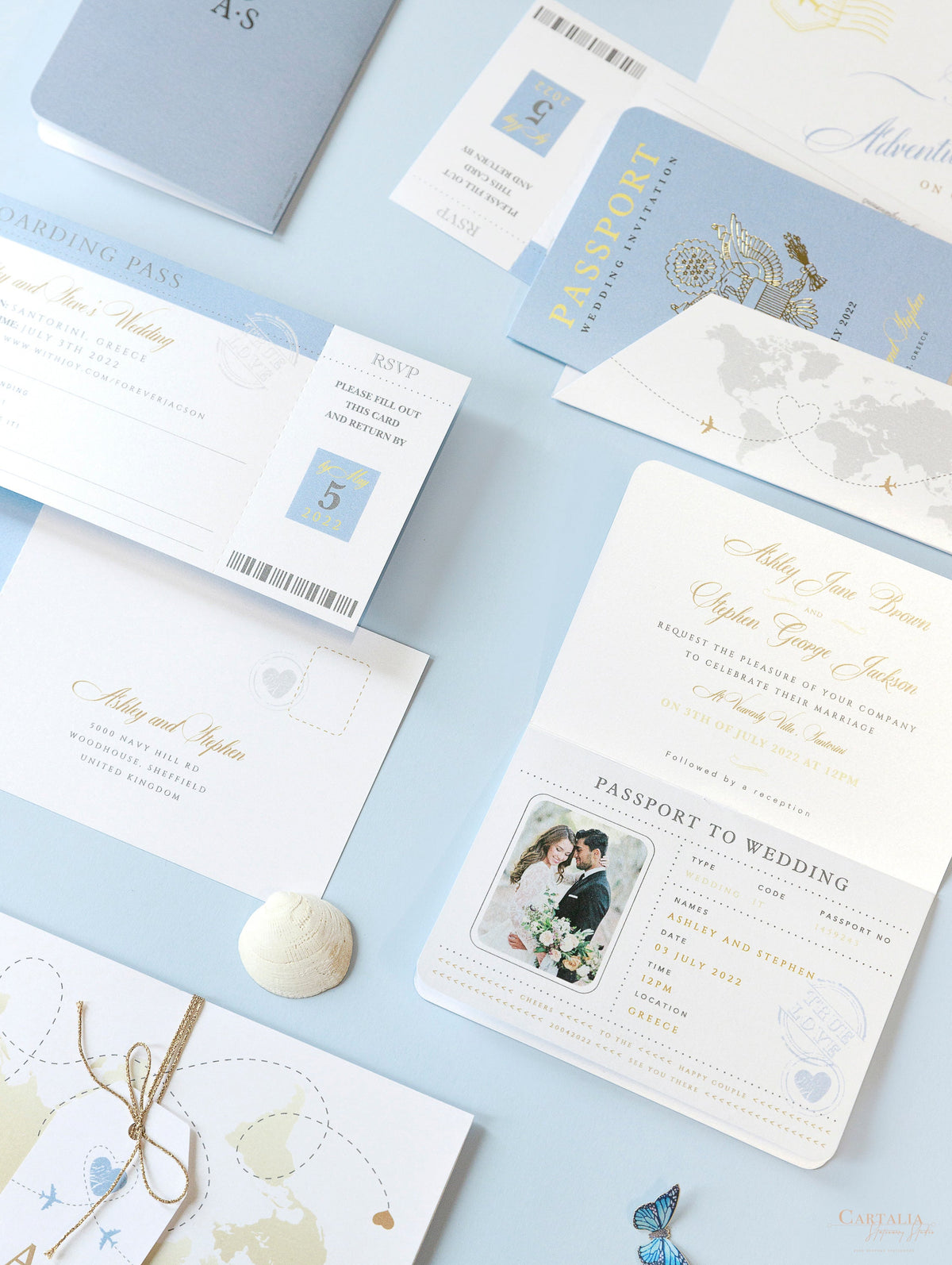 Dusty Blue & Gold Wedding Passport Invite FOLDER :  Luxury Wallet & Tag Passport Invitation