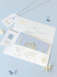 Dusty Blue & Gold Wedding Passport Invite FOLDER :  Luxury Wallet & Tag Passport Invitation