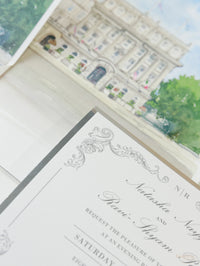 Cartella quadrata regale in lamina con busta con bordo increspato e tasca per eventi con suite nuziale con monogramma in lamina