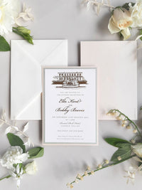 Illustrazione della sede del matrimonio personalizzata | Invito sventato per la sede in lamina d'oro da 800 g/m²