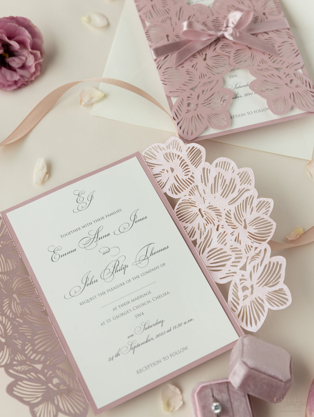 Intricate Orchid with Satin Ribbon Laser Cut Gatefold Wedding Invitation