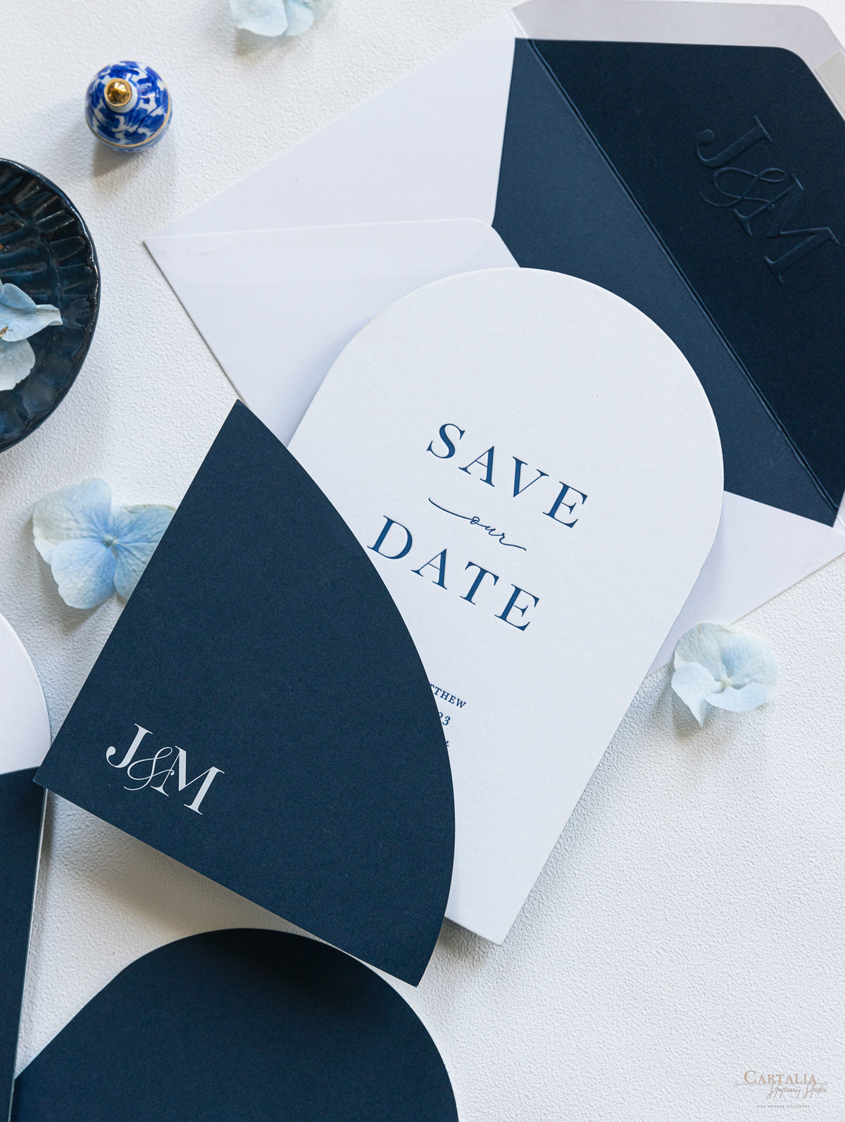 Arch Style Deluxe Navy & White Save the Dates | Bespoke Commission J&M