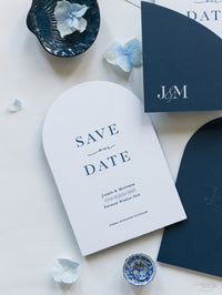 Arch Style Deluxe Navy & White Save the Dates | Bespoke Commission J&M