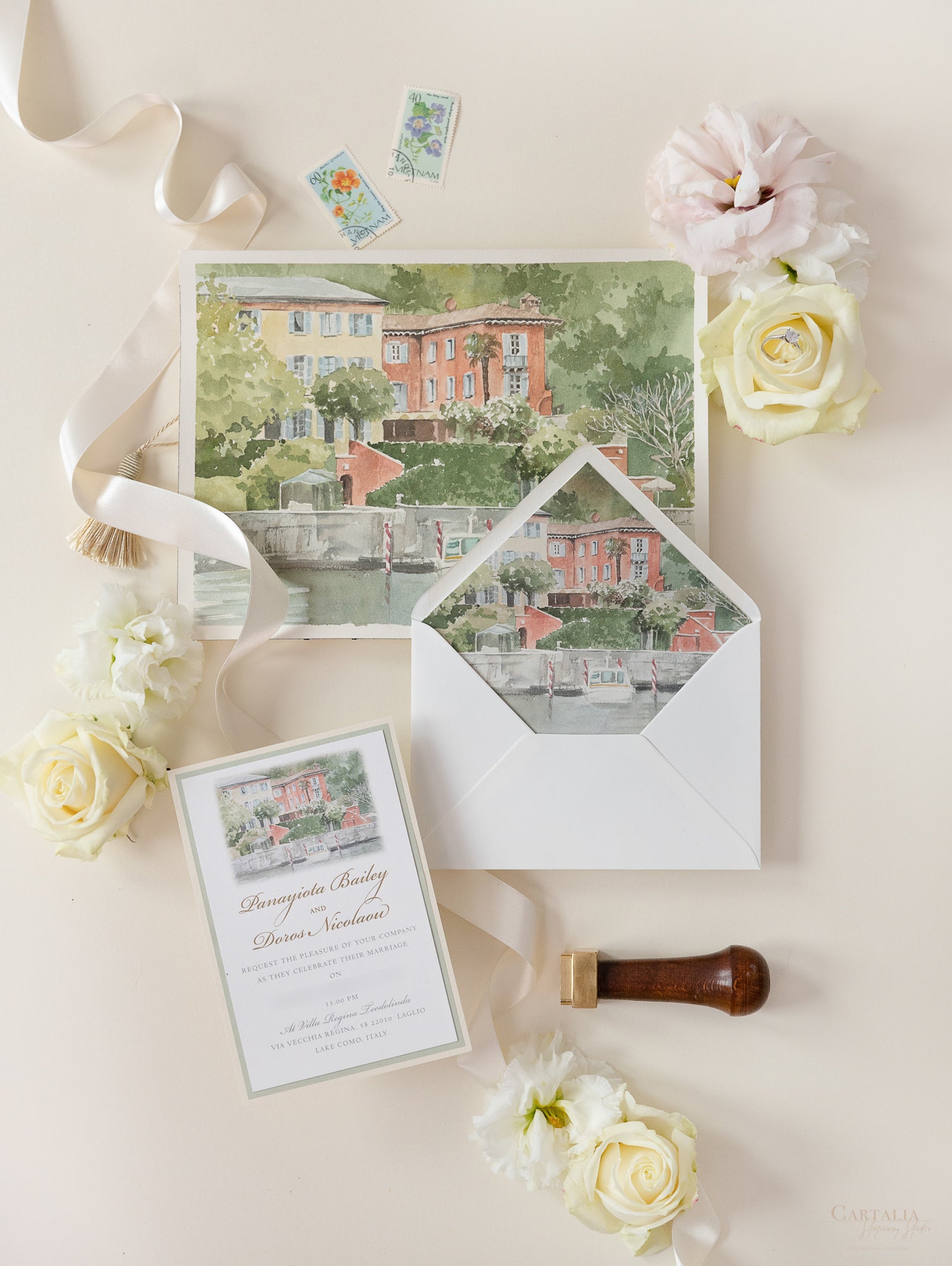 Custom Watercolour Wedding Venue Invitation with Gold Foil Villa