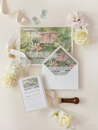 Invito personalizzato per la location del matrimonio in acquerello con lamina d'oro | Villa Regina Teodolinda | Lago di Como