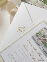 Invito personalizzato per la location del matrimonio in acquerello con lamina d'oro | Villa Regina Teodolinda | Lago di Como