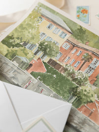 Invito personalizzato per la location del matrimonio in acquerello con lamina d'oro | Villa Regina Teodolinda | Lago di Como