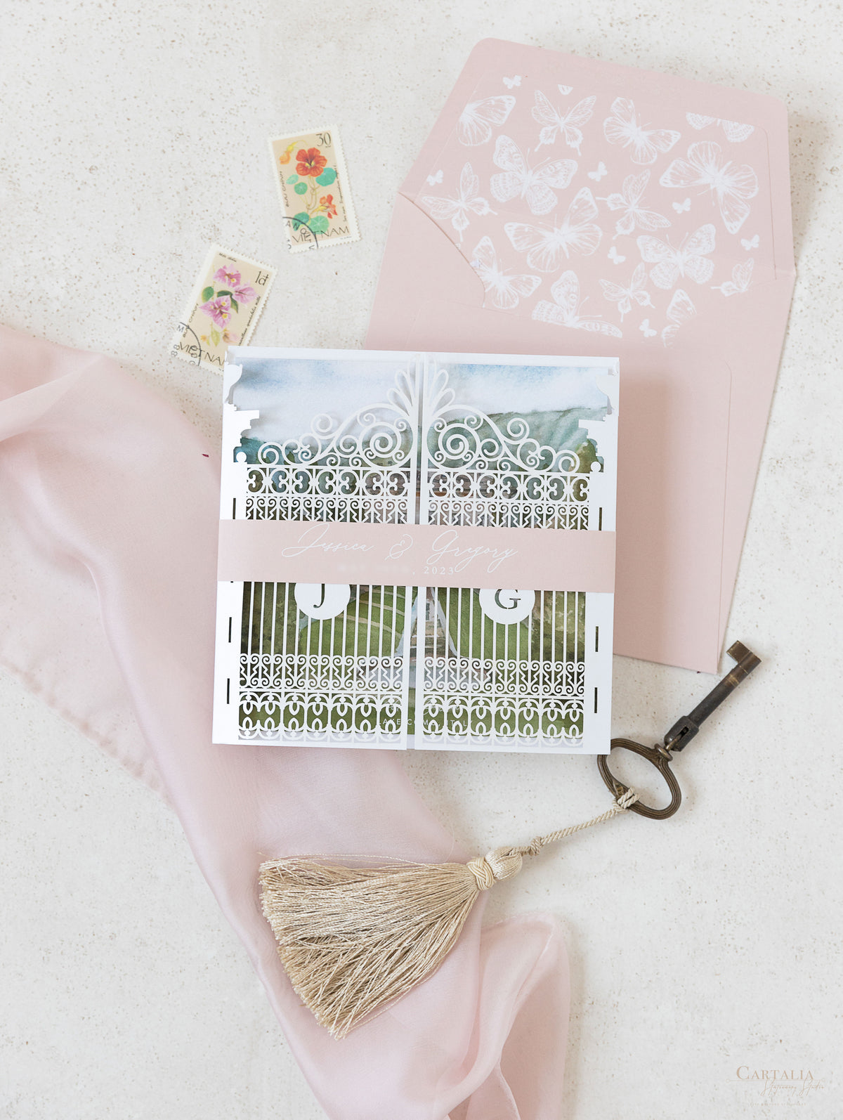 Invitación de boda en Villa Balbiano, lugar en el Lago Como Reserve la fecha | Comisión a medida J&G