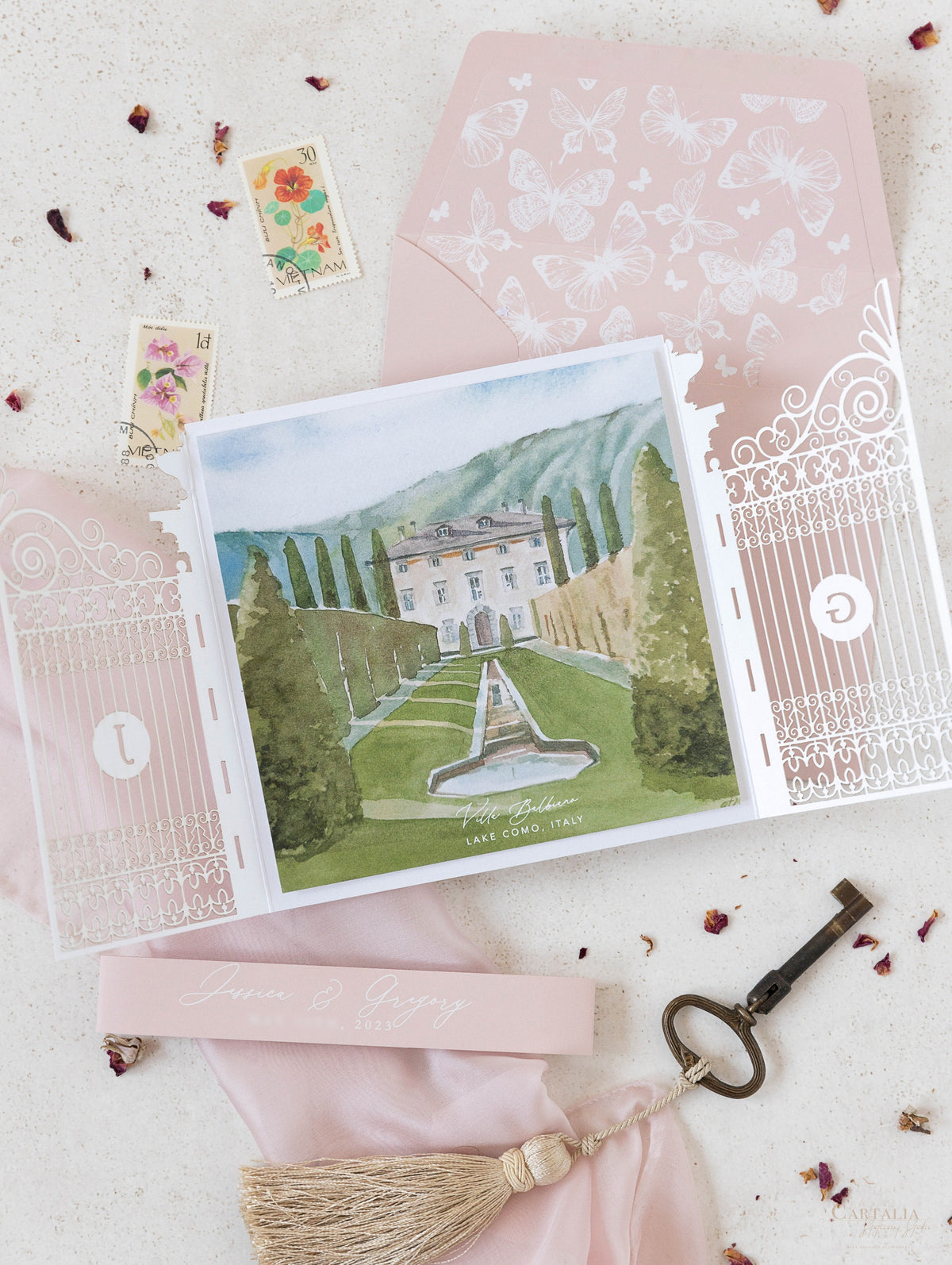 Invitación de boda en Villa Balbiano, lugar en el Lago Como Reserve la fecha | Comisión a medida J&G