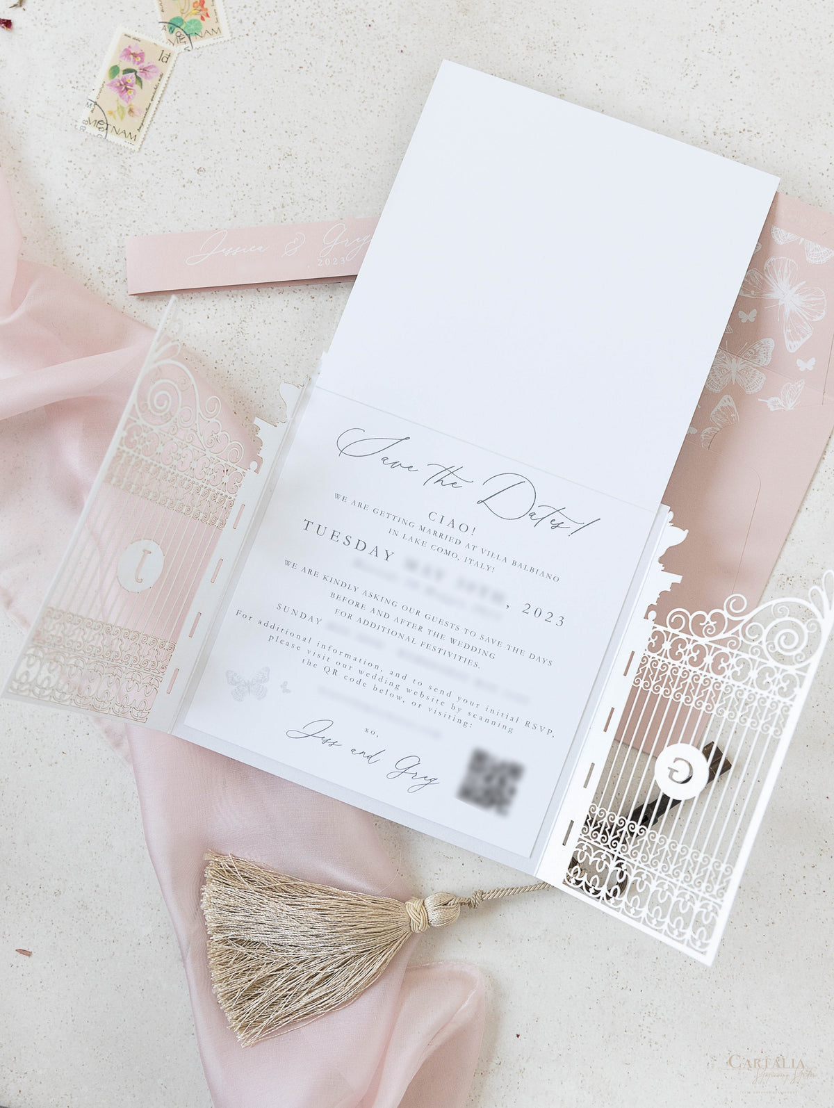Invitación de boda en Villa Balbiano, lugar en el Lago Como Reserve la fecha | Comisión a medida J&G