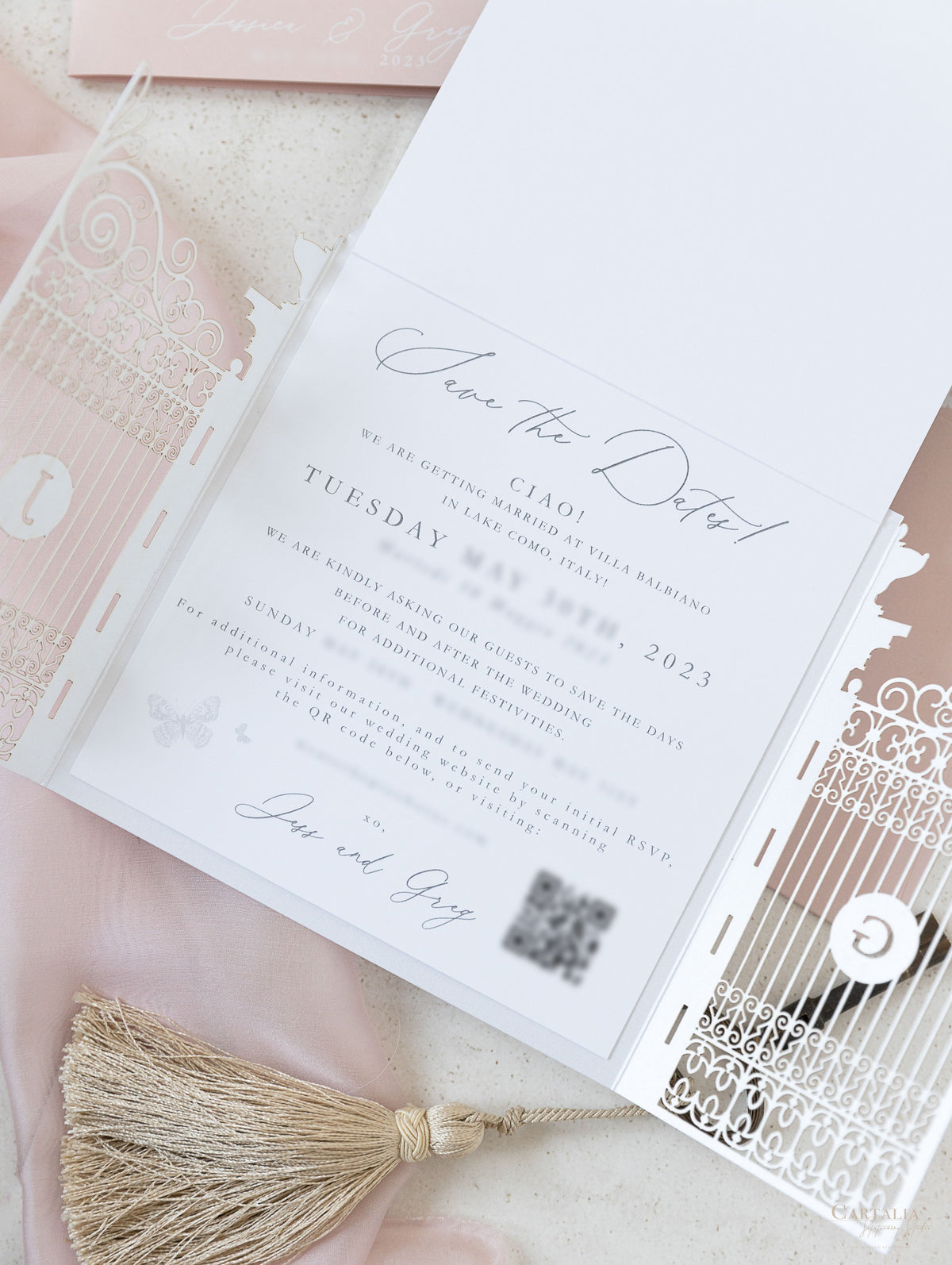 Invitación de boda en Villa Balbiano, lugar en el Lago Como Reserve la fecha | Comisión a medida J&G