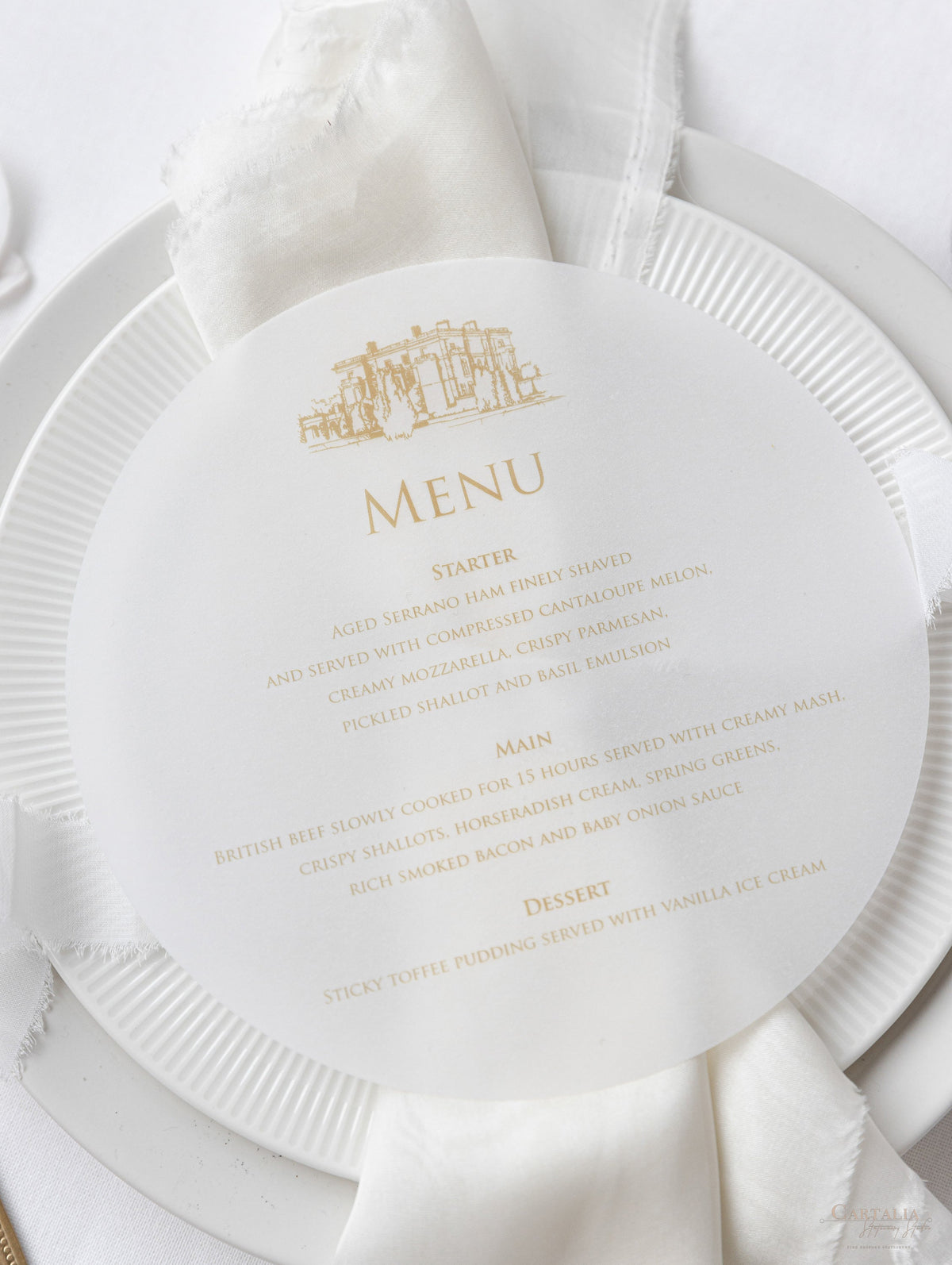 Vellum Circle Menu for Plates | Optional Venue Sketch