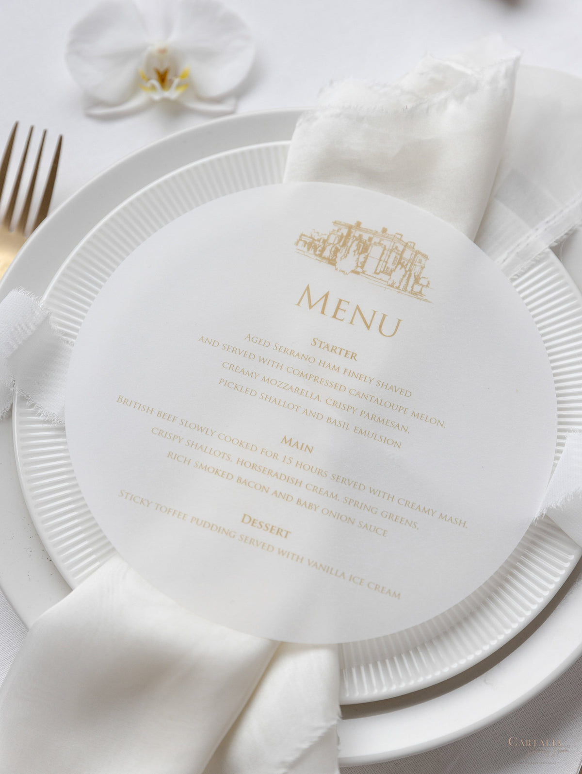 Vellum Circle Menu for Plates | Optional Venue Sketch