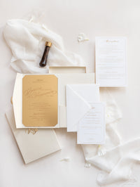 Luxury Boxed Wedding Invitation Pocket Envelope & Wax Seal and Modern Mirror Gold Plexi Wedding Invitation with RSVP & Menu Options