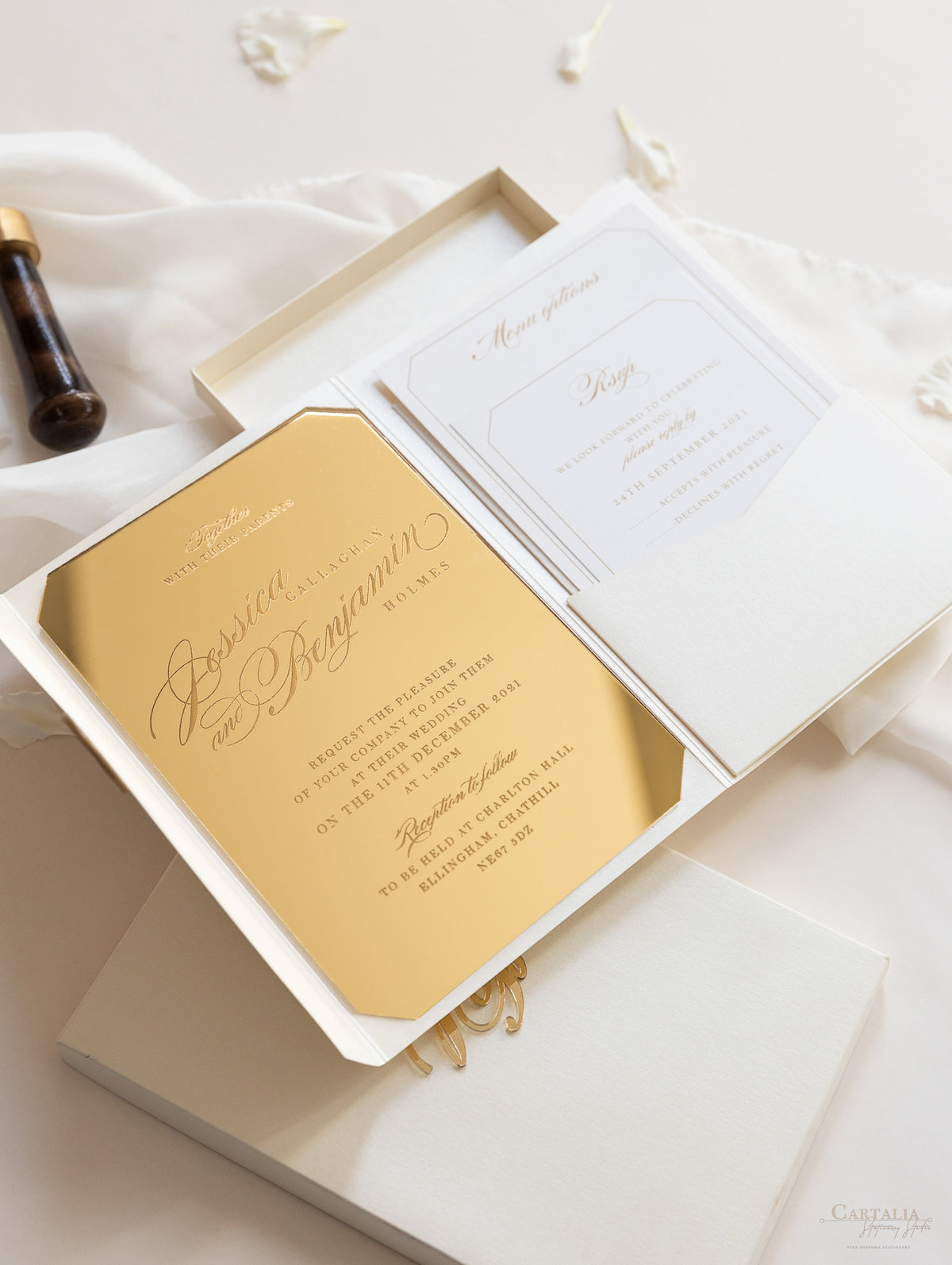 Luxury Boxed Wedding Invitation Pocket Envelope & Wax Seal and Modern Mirror Gold Plexi Wedding Invitation with RSVP & Menu Options