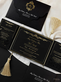 Suite pieghevole per invito in lamina d'oro di lusso in velluto nero per il giorno del matrimonio, RSVP, scheda informativa con tasca tagliata al laser