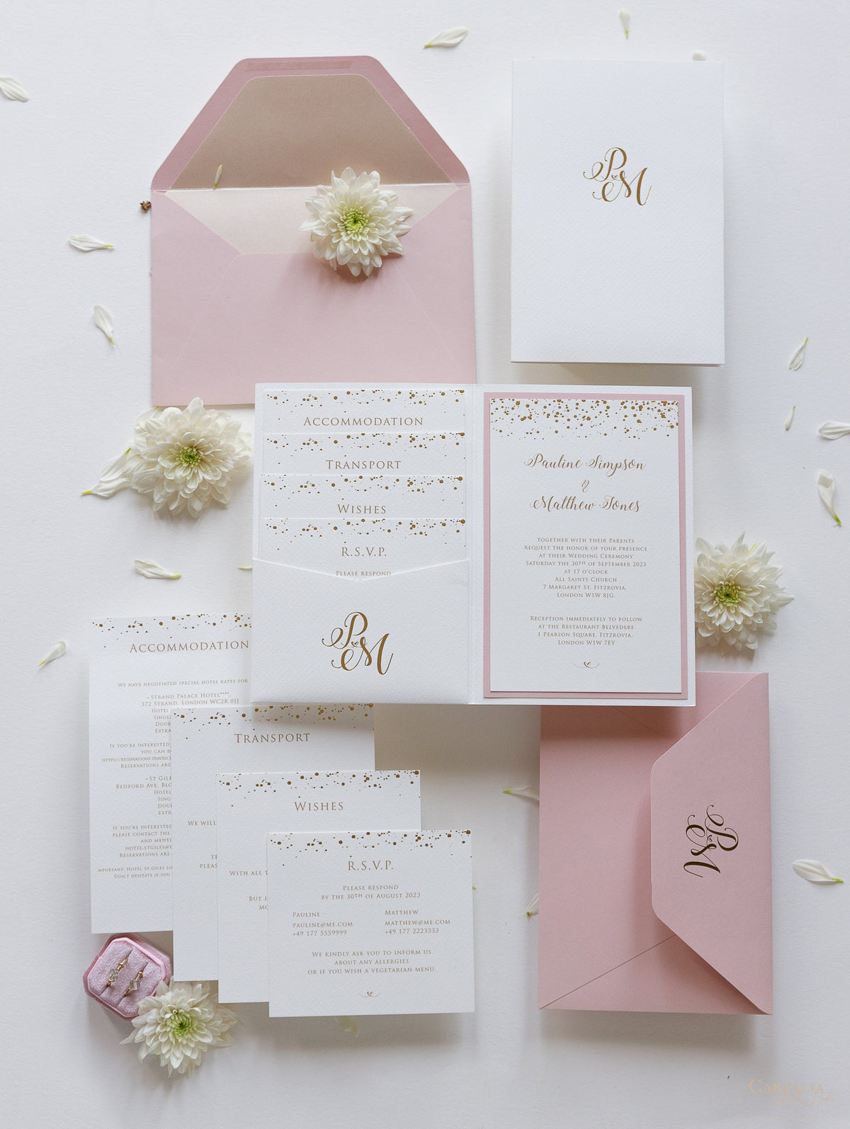 Luxury Royal Gold Foil Confetti Dotted Blush Pink Pocket fold Wedding Invitation Suite
