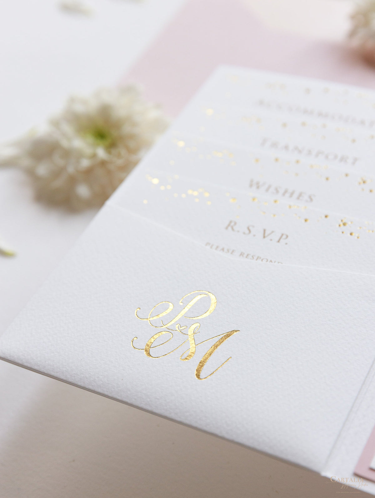 Luxury Royal Gold Foil Confetti Dotted Blush Pink Pocket fold Wedding Invitation Suite