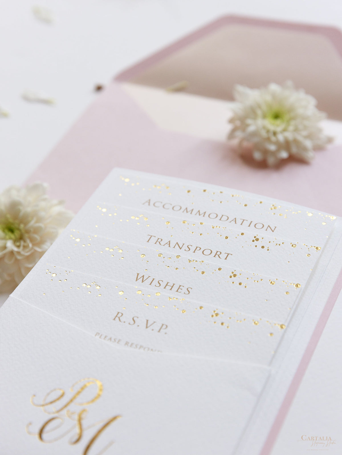 Luxury Royal Gold Foil Confetti Dotted Blush Pink Pocket fold Wedding Invitation Suite