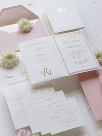 Luxury Royal Gold Foil Confetti Dotted Blush Pink Pocket fold Wedding Invitation Suite