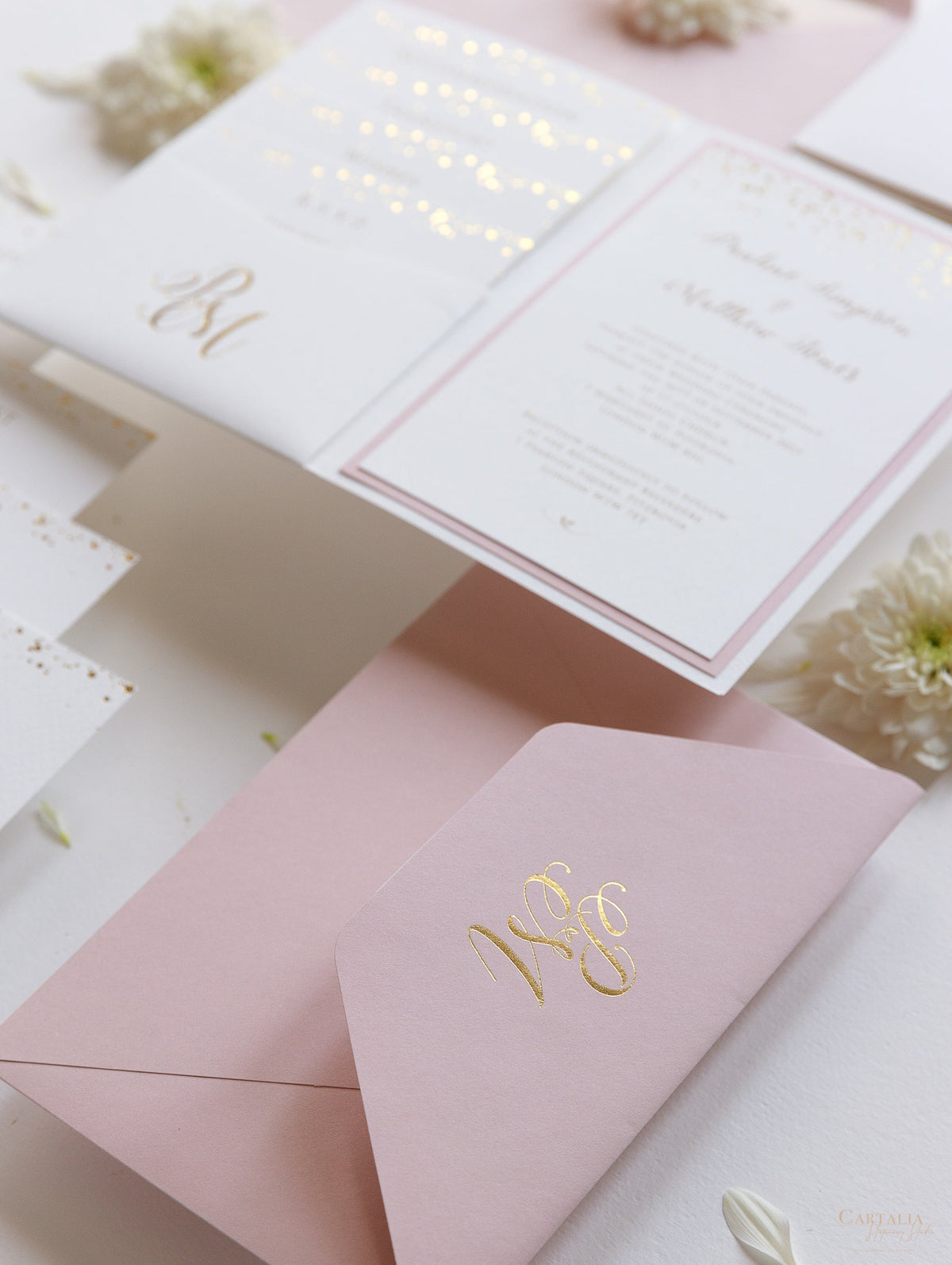 Luxury Royal Gold Foil Confetti Dotted Blush Pink Pocket fold Wedding Invitation Suite