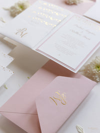 Luxury Royal Gold Foil Confetti Dotted Blush Pink Pocket fold Wedding Invitation Suite