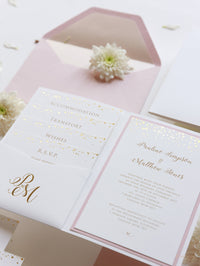 Luxury Royal Gold Foil Confetti Dotted Blush Pink Pocket fold Wedding Invitation Suite