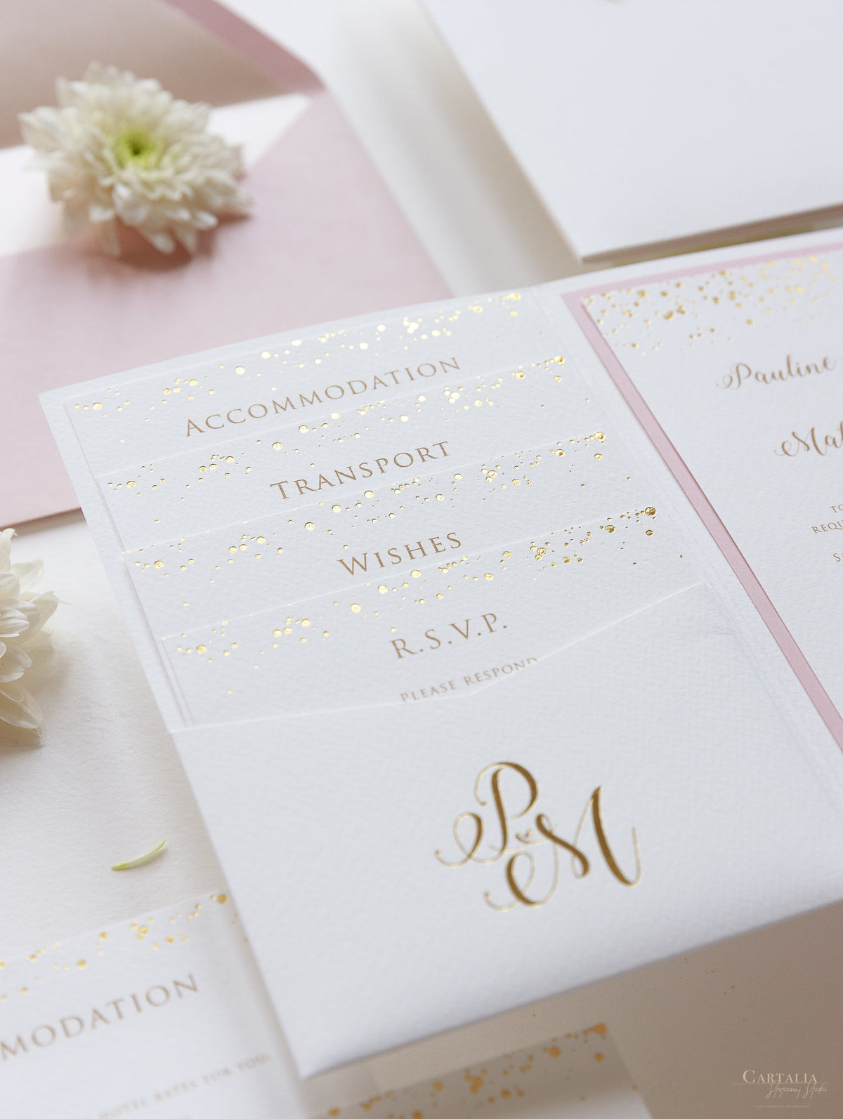 Luxury Royal Gold Foil Confetti Dotted Blush Pink Pocket fold Wedding Invitation Suite