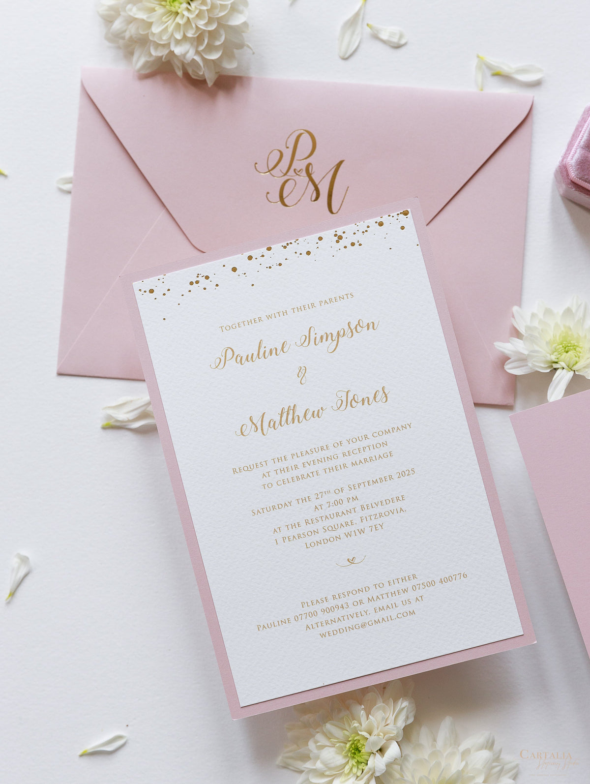 Confetti Dotted Blush Pink Evening Invitation with Gold Foil Monogram + Envelope