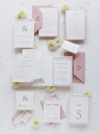 Luxury Royal Gold Foil Confetti Dotted Blush Pink Pocket fold Wedding Invitation Suite