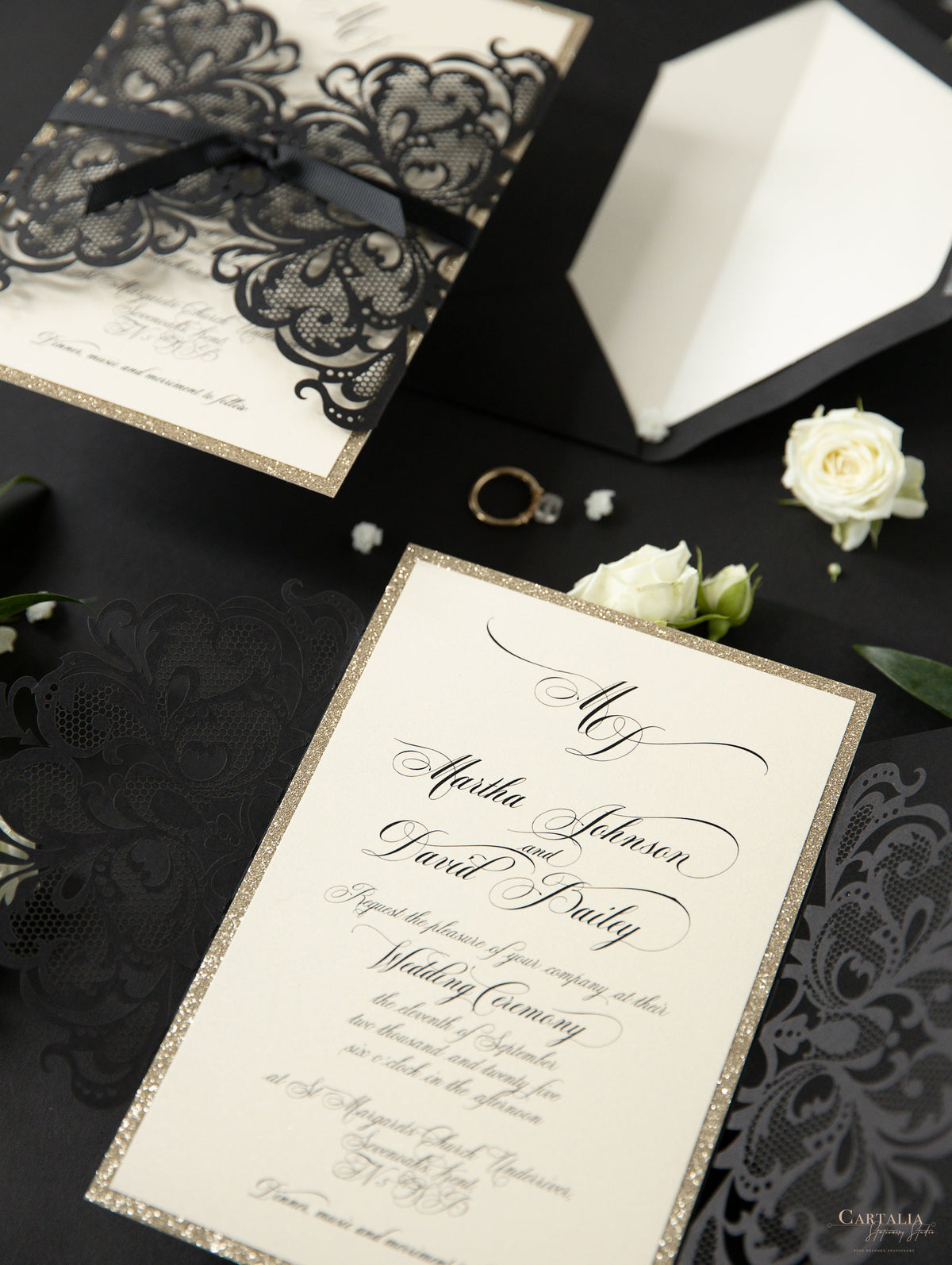 Black Opulence Elegant Laser Gatefold with Ribbon Tie design and Gold Glitter.