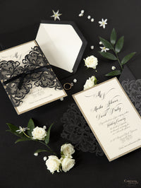 Black Opulence Elegant Laser Gatefold with Ribbon Tie design and Gold Glitter.