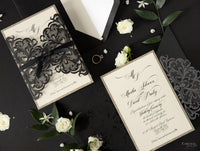 Black Opulence Elegant Laser Gatefold with Ribbon Tie design and Gold Glitter