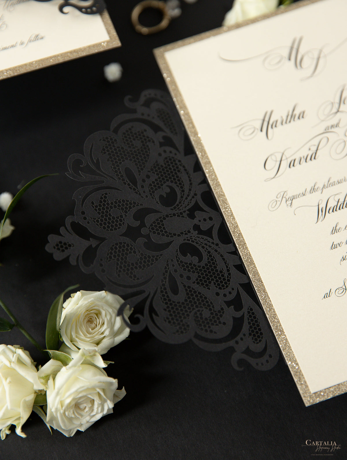 Black Opulence Elegant Laser Gatefold with Ribbon Tie design and Gold Glitter.