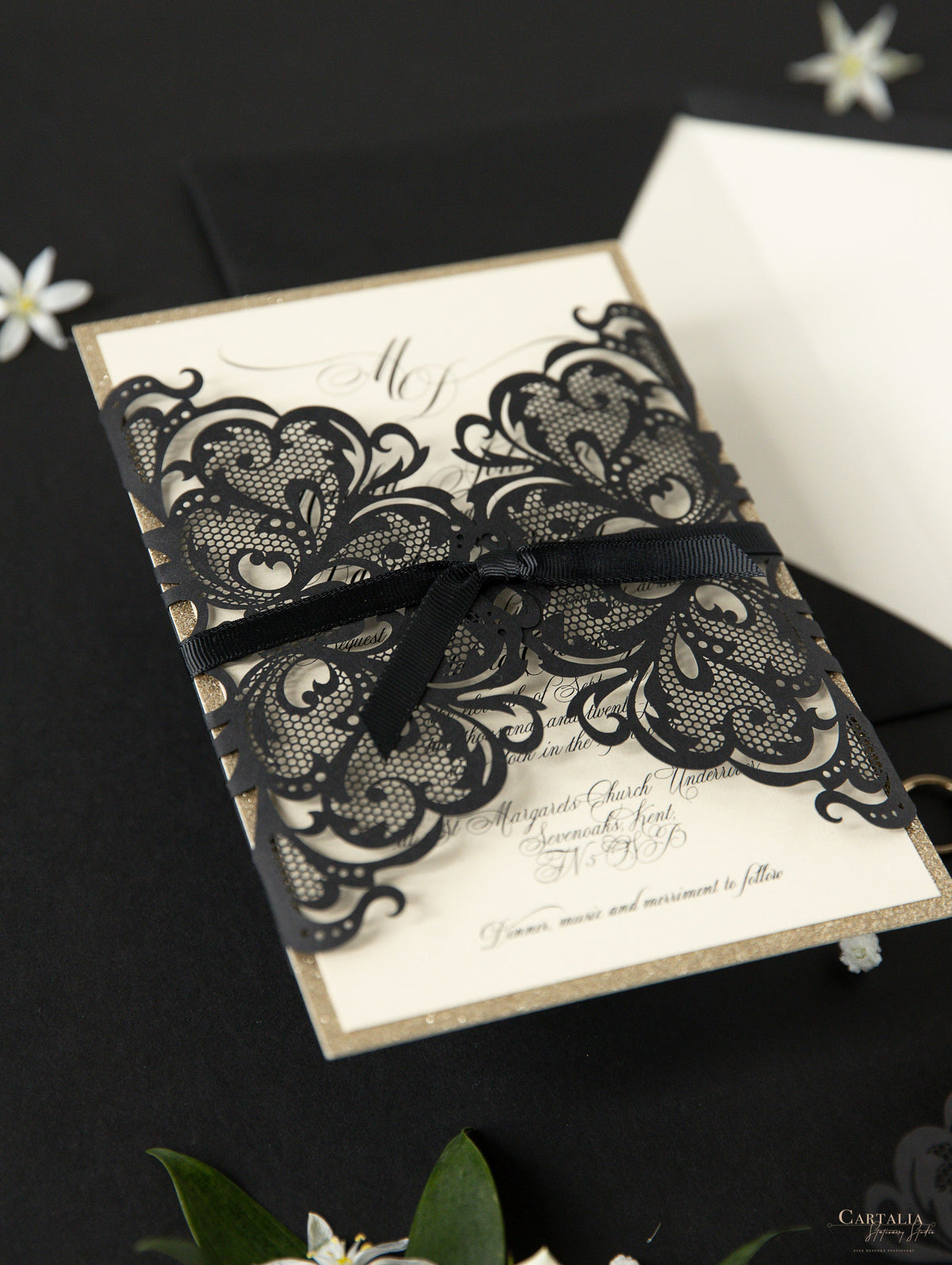 Black Opulence Elegant Laser Gatefold with Ribbon Tie design and Gold Glitter