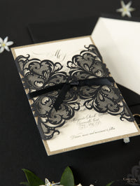 Black Opulence Elegant Laser Gatefold with Ribbon Tie design and Gold Glitter.