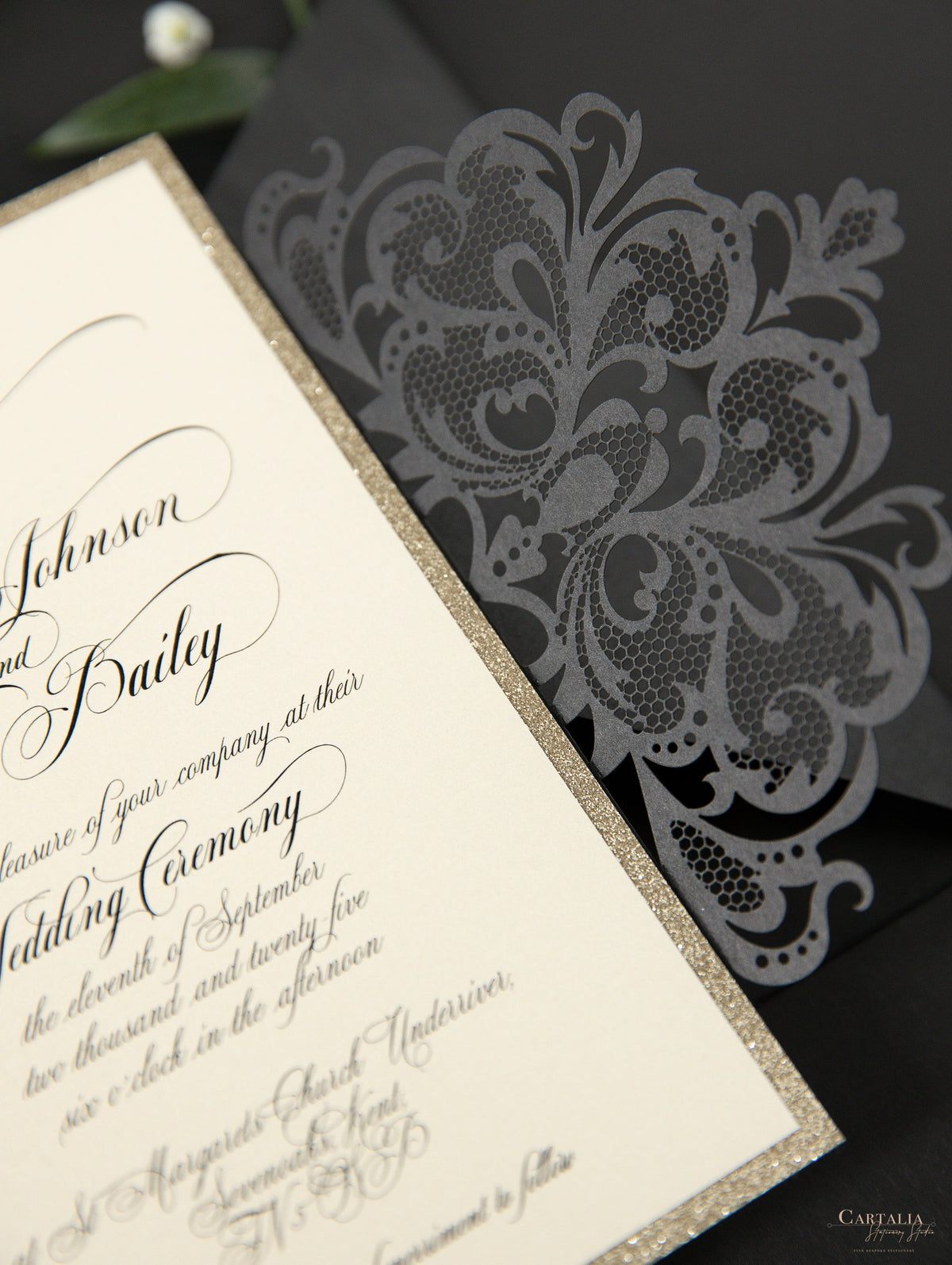 Black Opulence Elegant Laser Gatefold with Ribbon Tie design and Gold Glitter