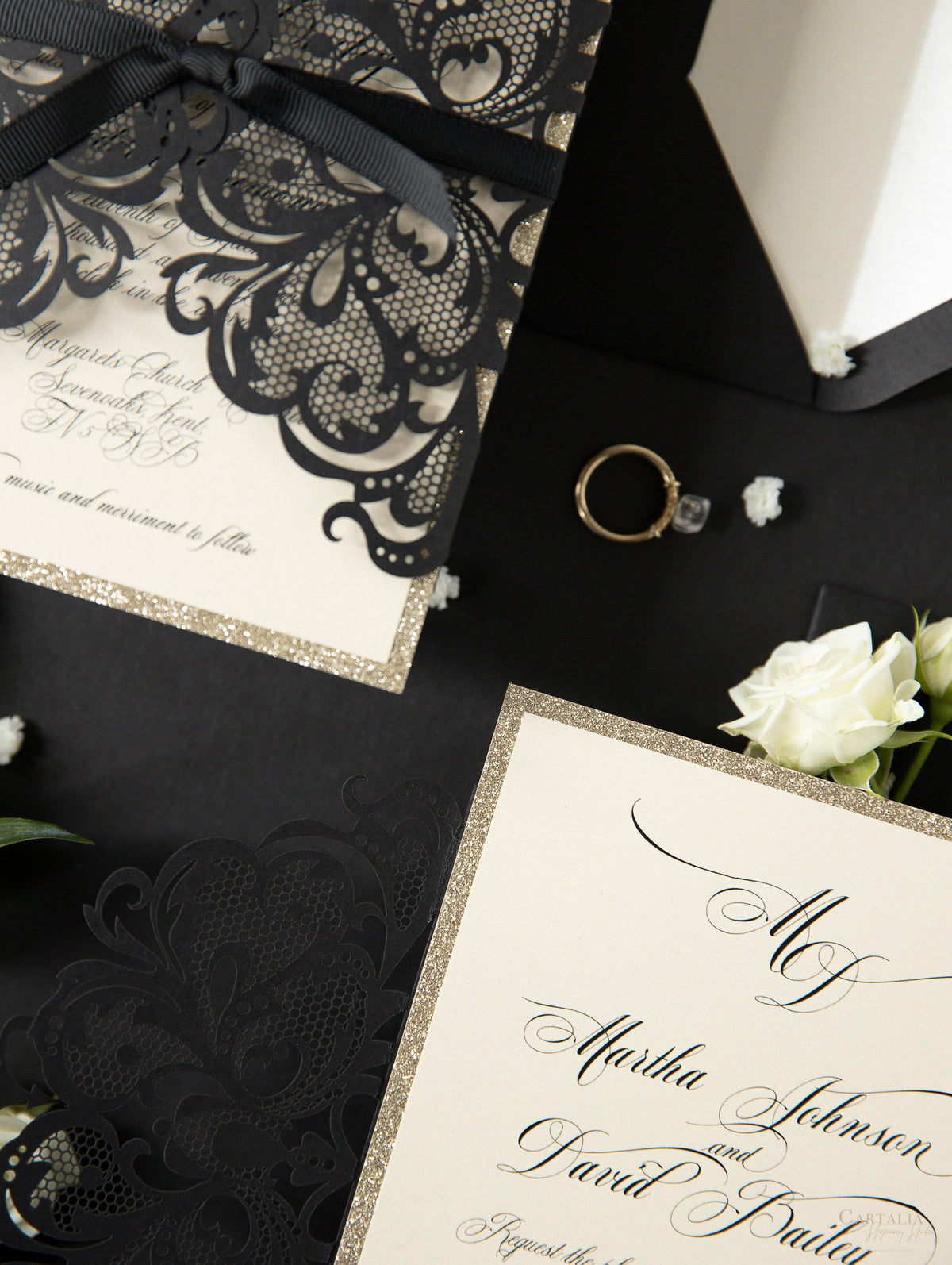Black Opulence Elegant Laser Gatefold with Ribbon Tie design and Gold Glitter