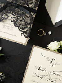 Black Opulence Elegant Laser Gatefold with Ribbon Tie design and Gold Glitter